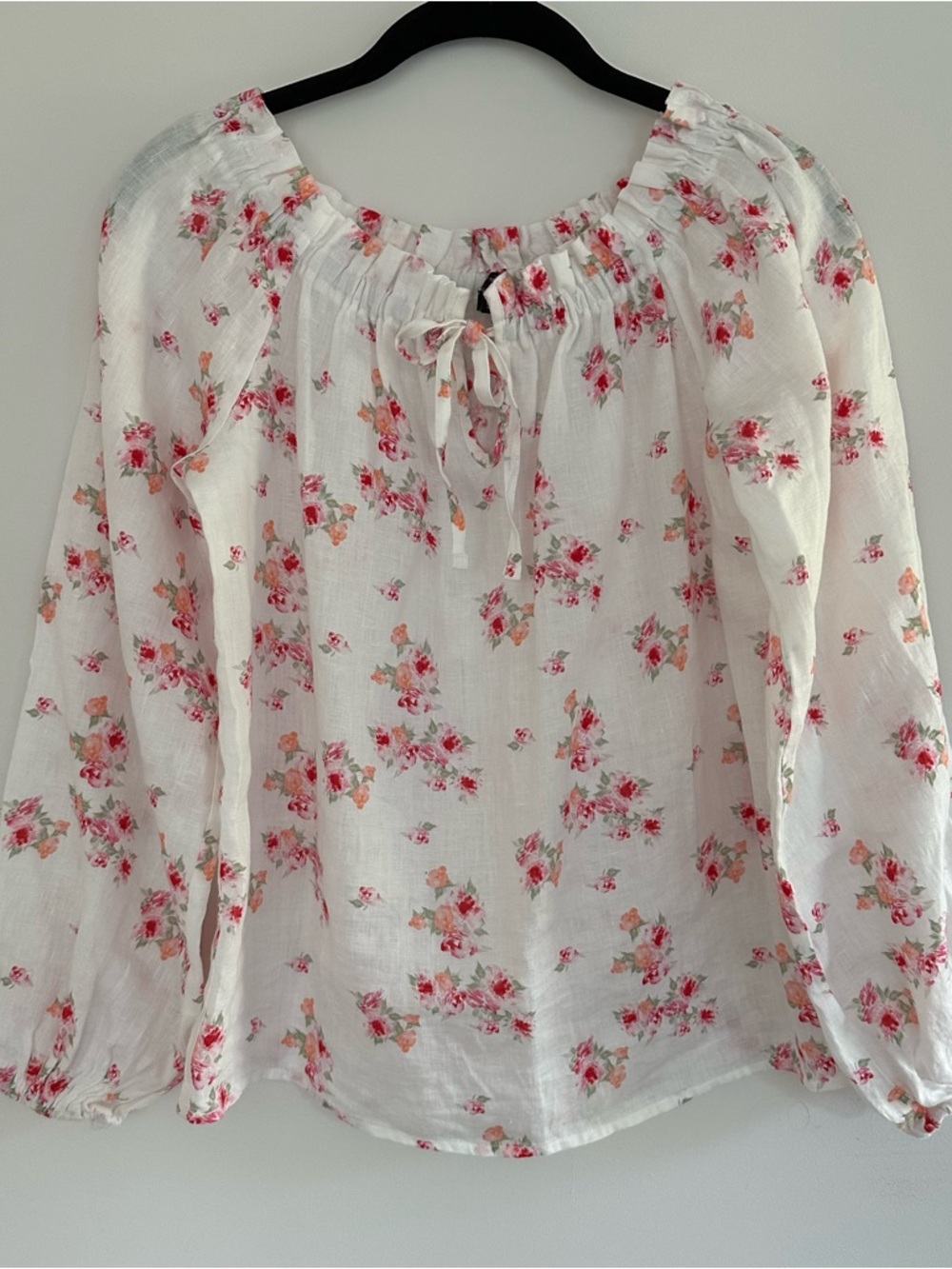 Saks Fifth Avenue White Peasant Blouse with Pink Floral Print